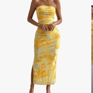 Yellow Printed - Strapless Tube Bodycon Maxi Dress - XS